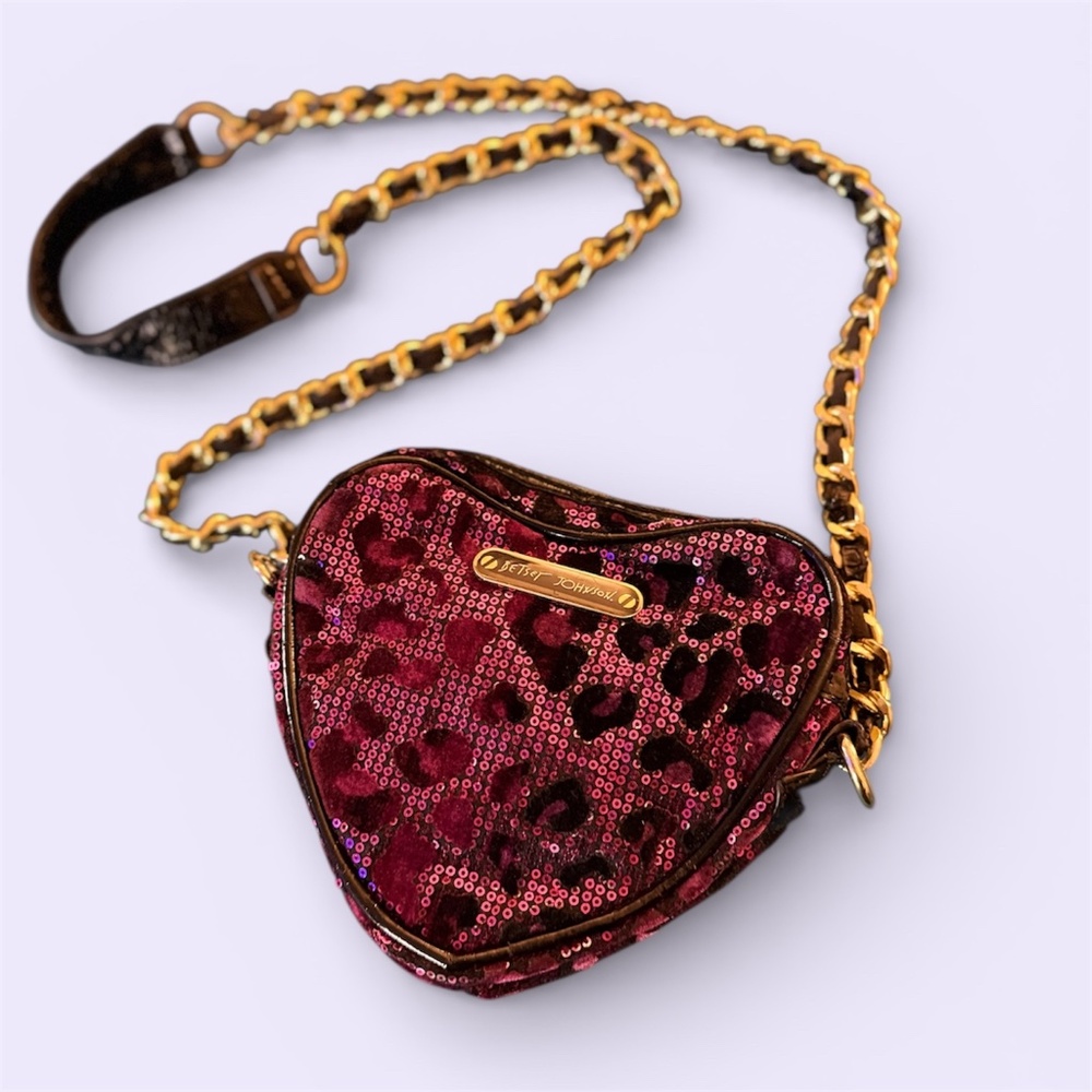 Betsy Johnson Pink & Black Sequin Cheetah Print Heart Shaped Crossbody Bag